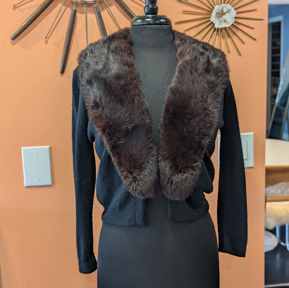 Vintage Black Cardigan with Brown Fur Collar